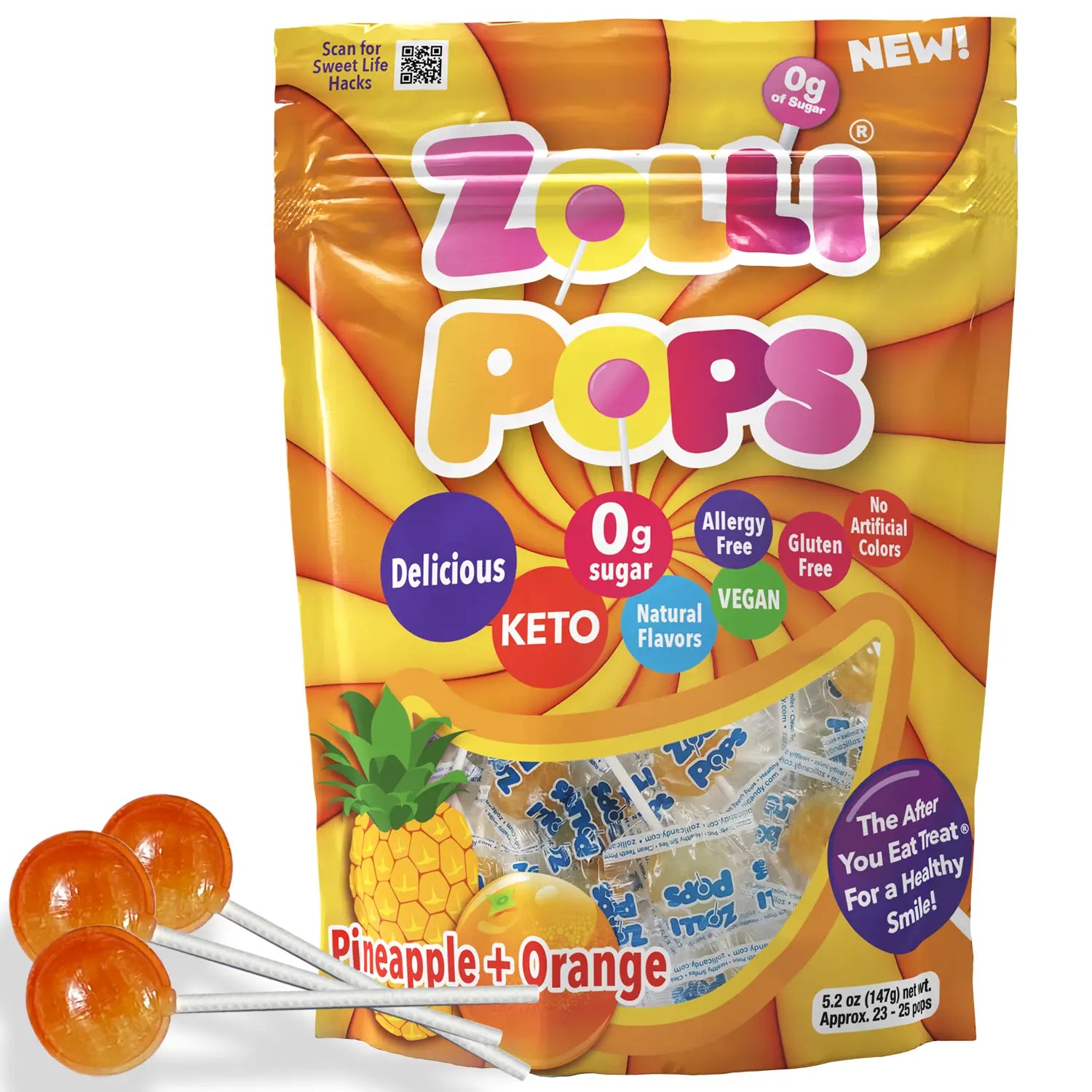 Zouli Pops pineapple and orange lollipops packaging on a white background