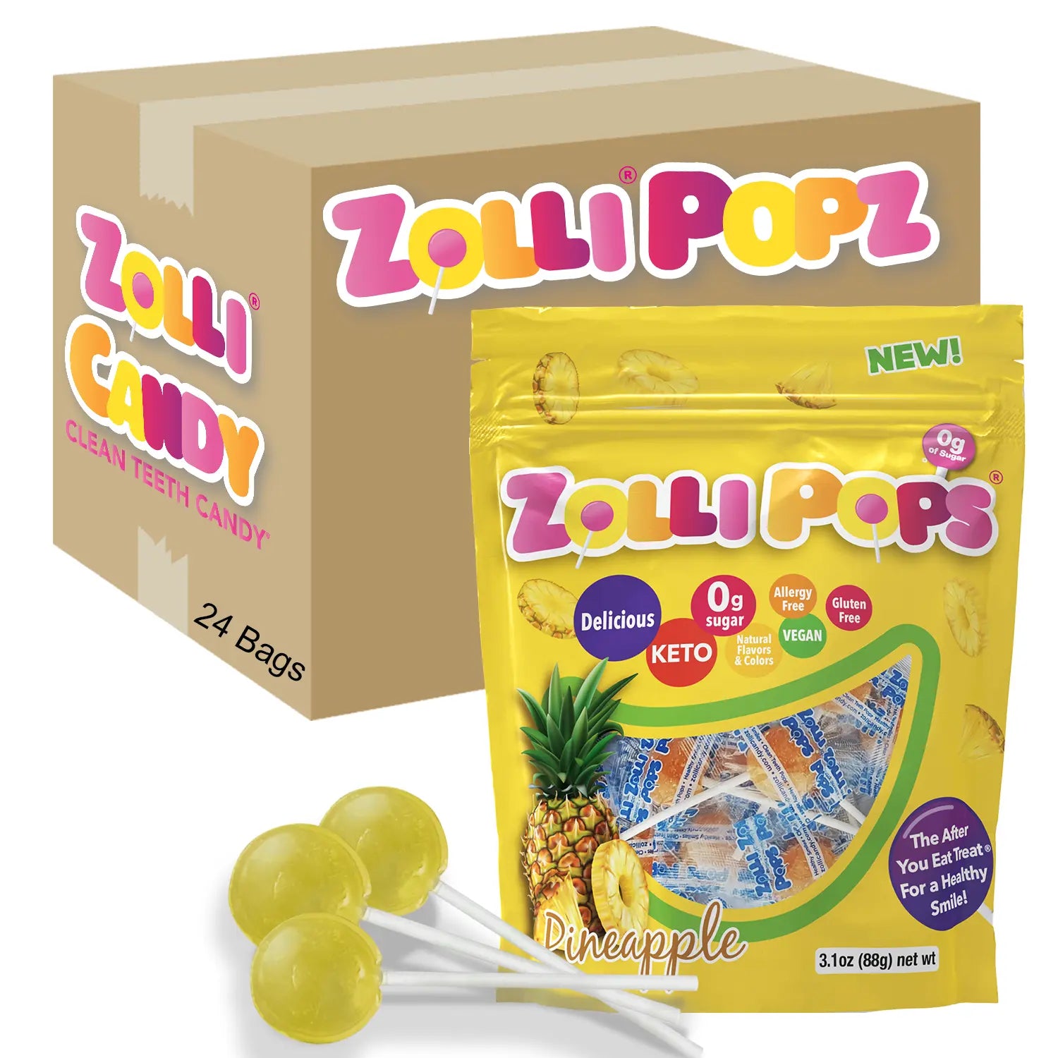 Zolli Popz pineapple candy package with a box in the background