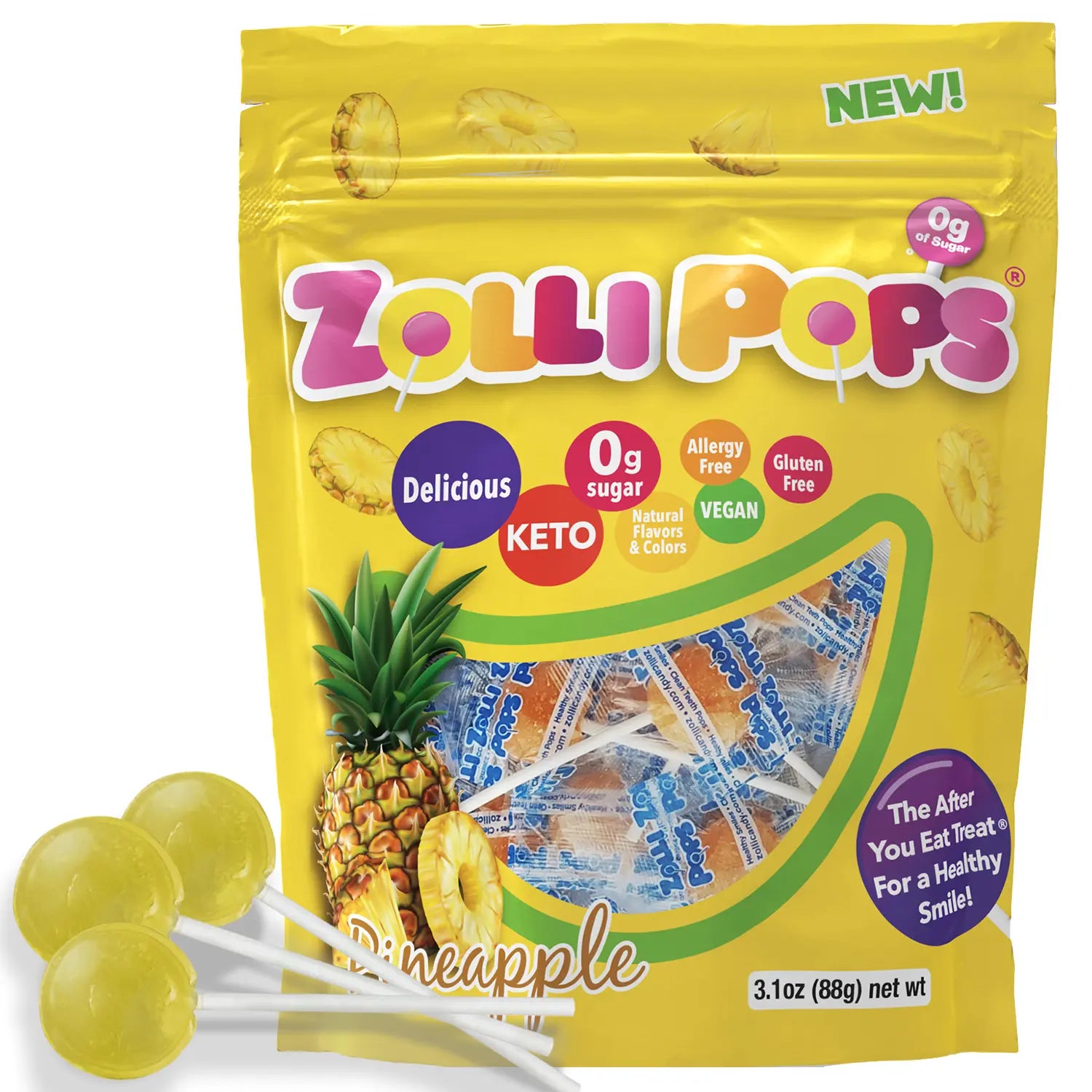 Zollipops pineapple lollipops on white background.