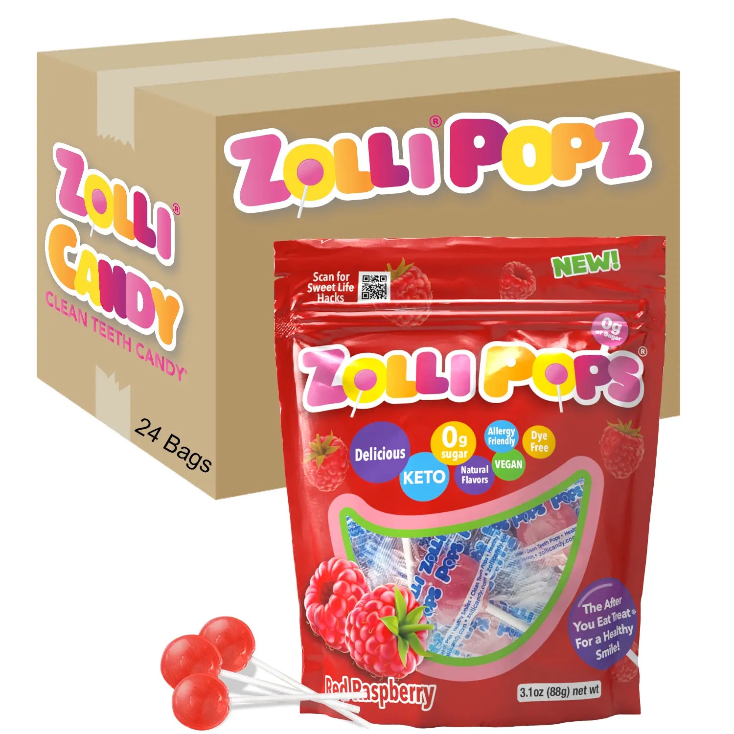 Case Zollipops® Sugar Free Lollipops Raspberry 3.1oz Pouches - 24/case