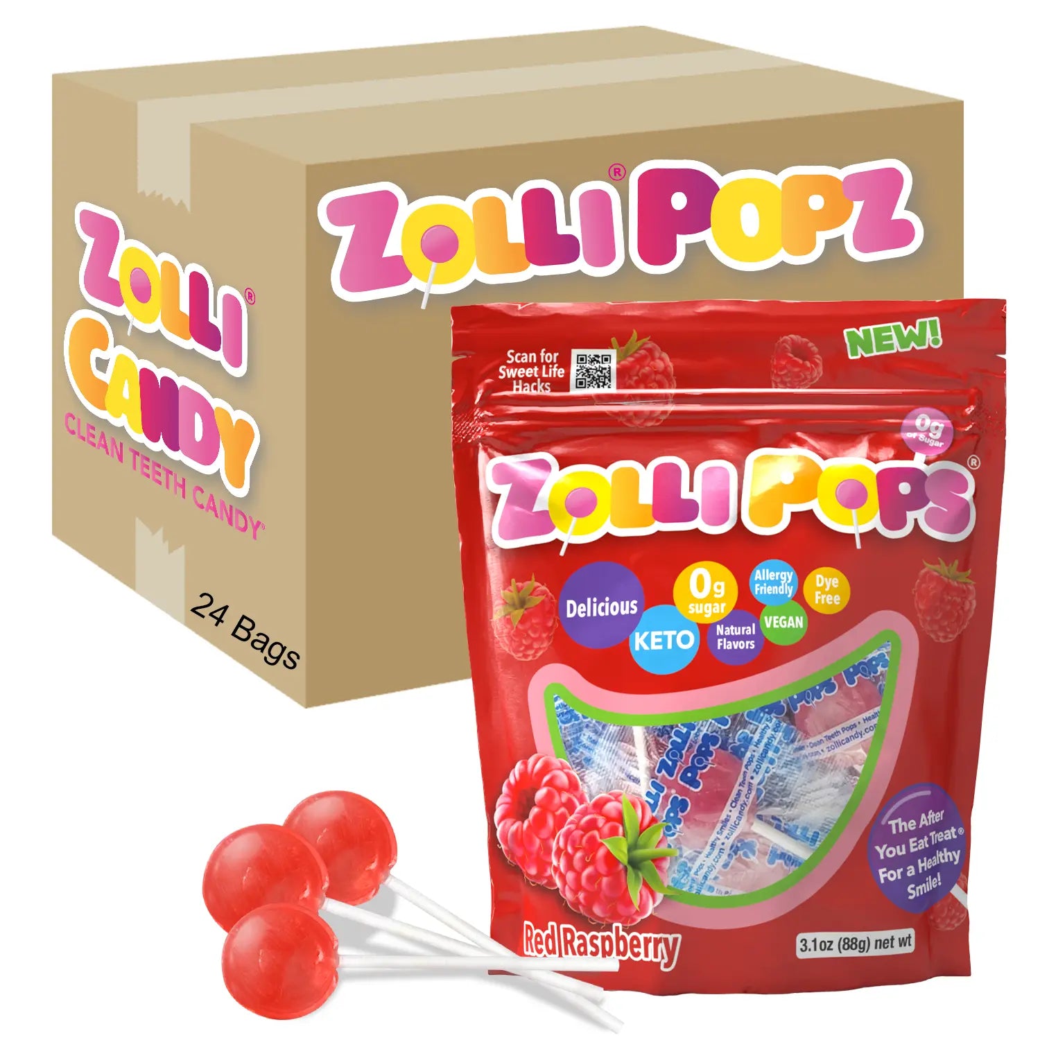 Zolli Popz packaging with a box and a red raspberry flavor package on a white background