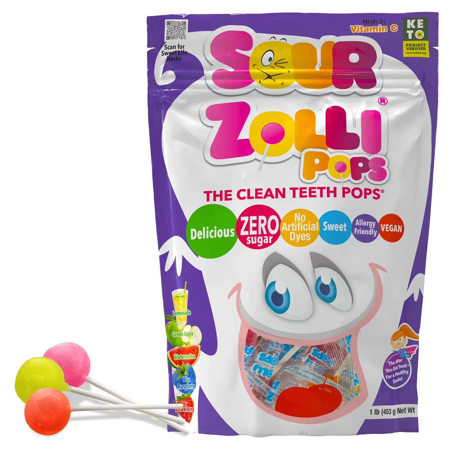 A bag of Sour Zolli Pops candy lollipops on a white background, with three colorful lollipops placed in front of the package.