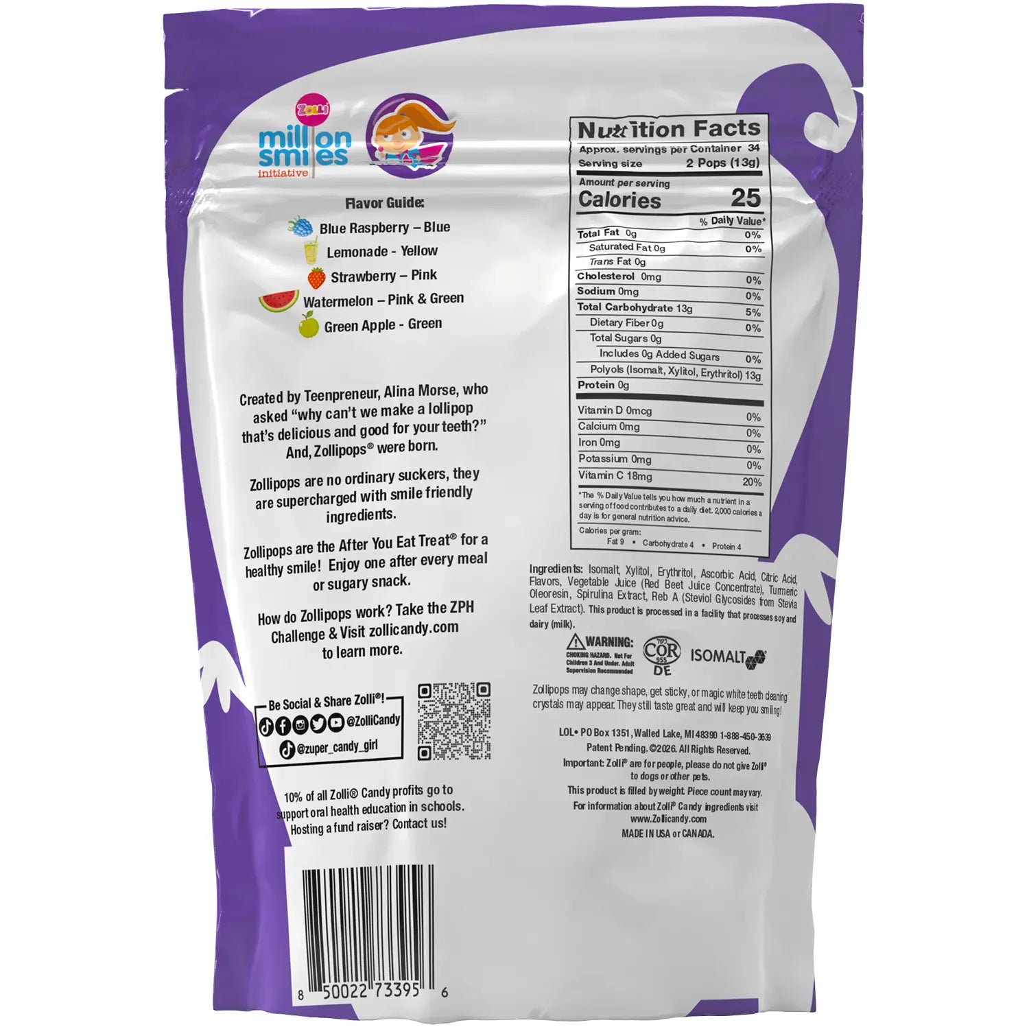 Back view of a Jell-O Pop Sips in 'Eclipse' flavor pouch, showing the nutrition facts, ingredients, and company information on a white background with purple borders.
