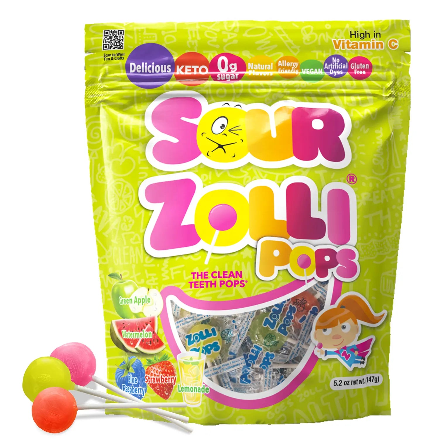 Green package of Sour Zolli Pops with colorful lollipops on a white background
