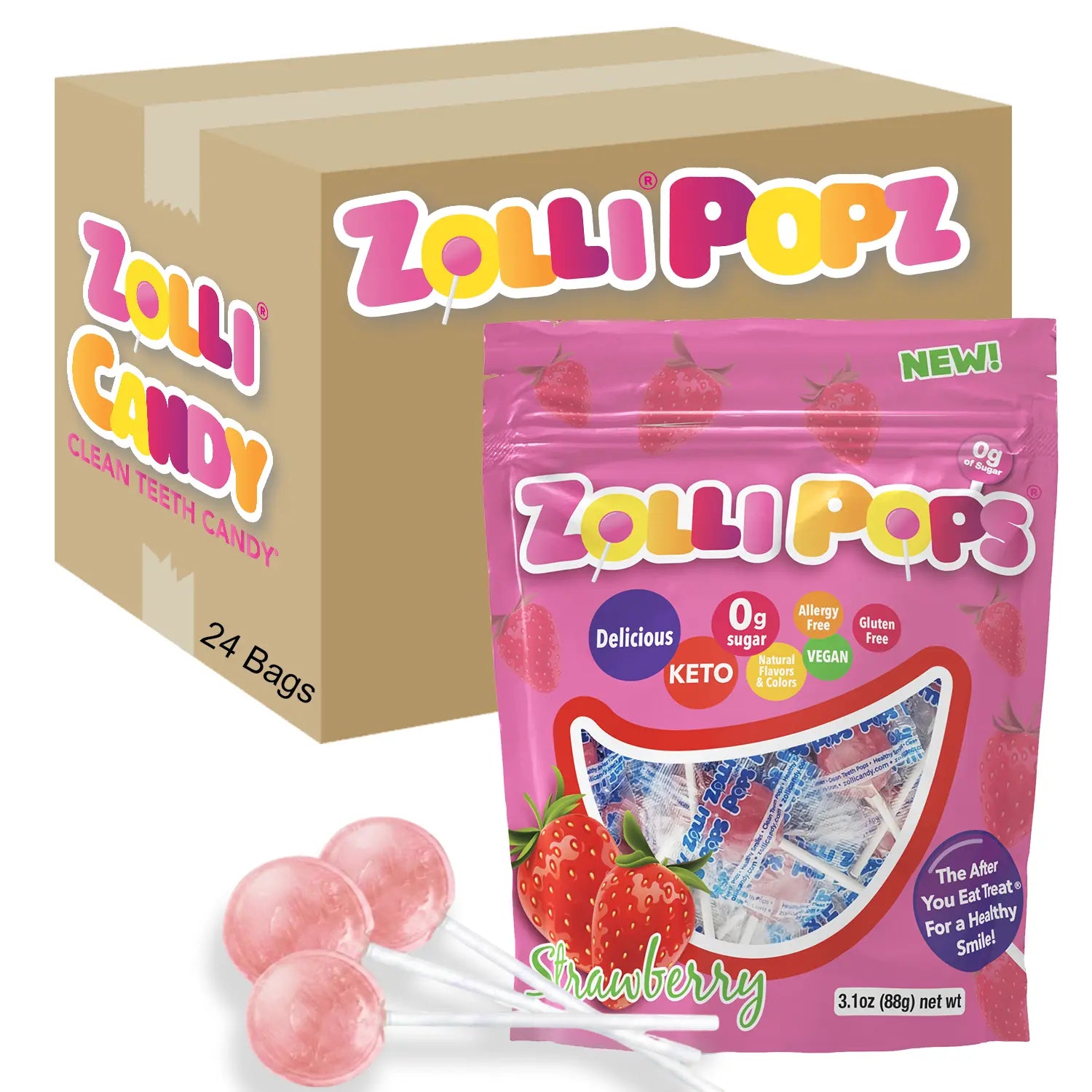 Zolli Popz strawberry candy package with box and lollipops on a white background