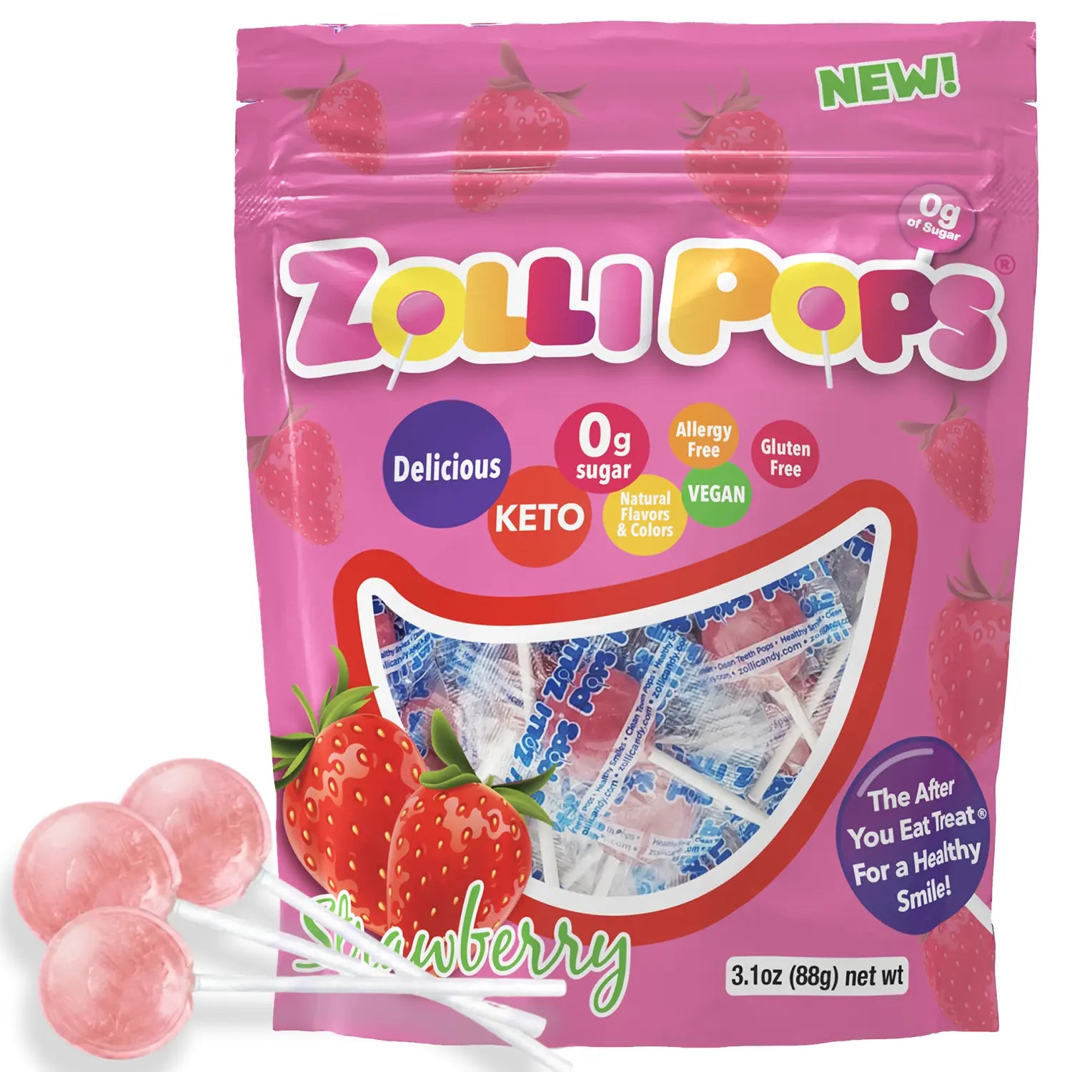 Zolli Pops strawberry flavor package with lollipops on a white background