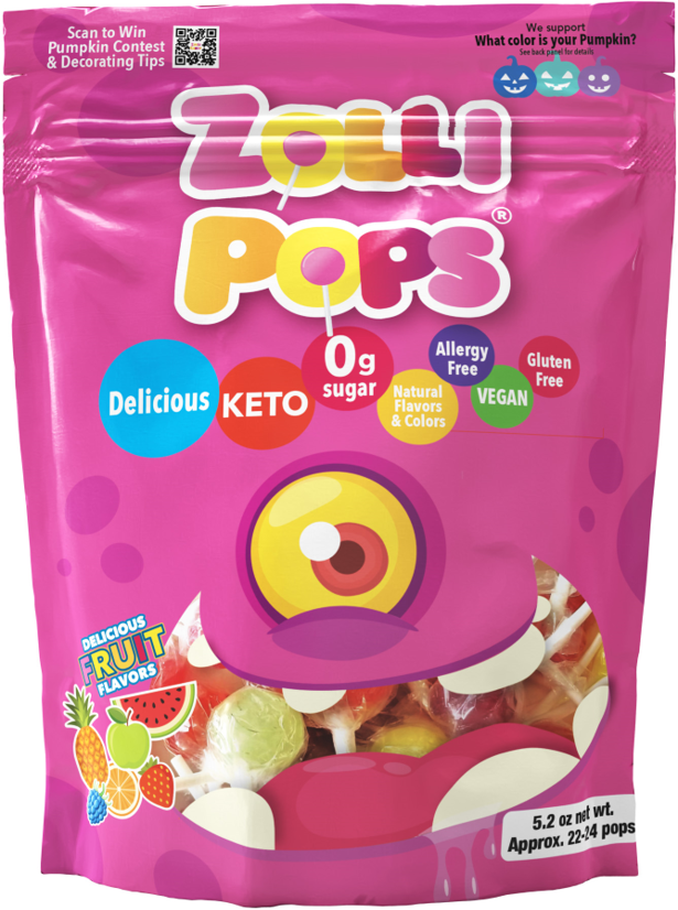 Halloween Zolli Pops Assorted Fruit 5.2oz Pouch (Pink Bag)