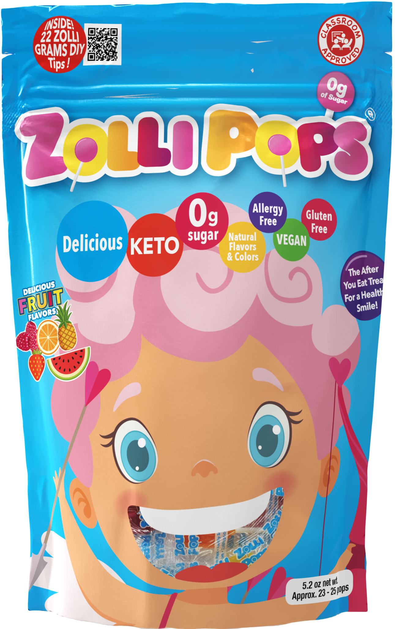 Valentine Pink Zollipops Assorted Fruit 5.2oz Pouch with 22 Zolli Grams Inside