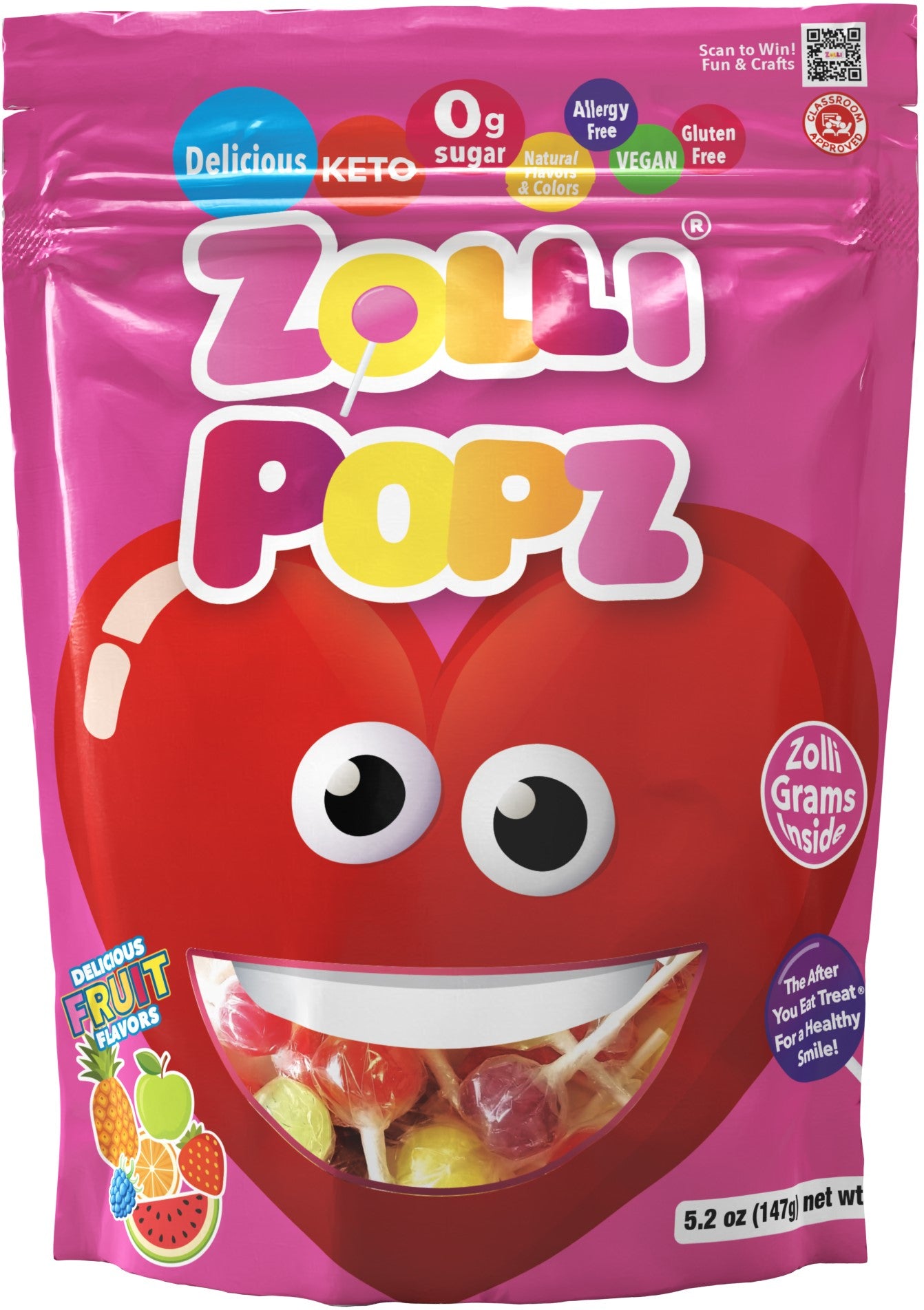Valentine Heart Zolli Popz Assorted Fruit 5.2oz Pouch with 22 Zolli Grams Inside