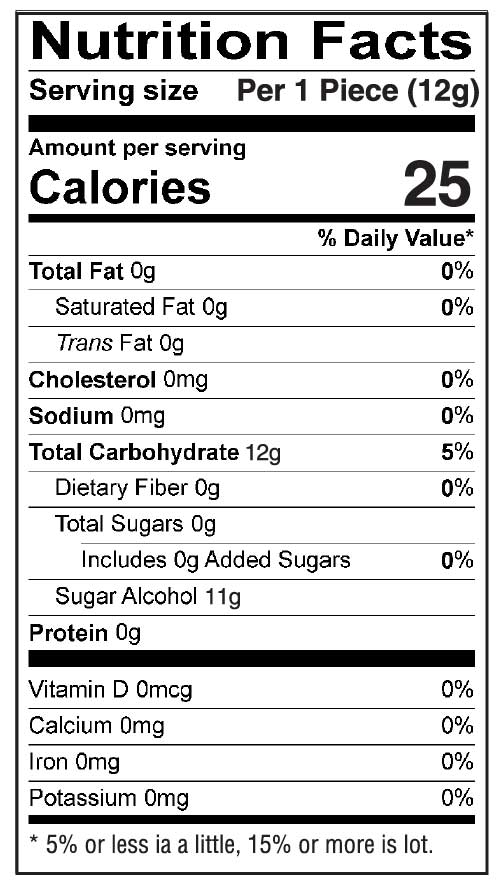 Nutritional label for Zolli Ball Popz. Only 25 calories per pop and zero sugar.