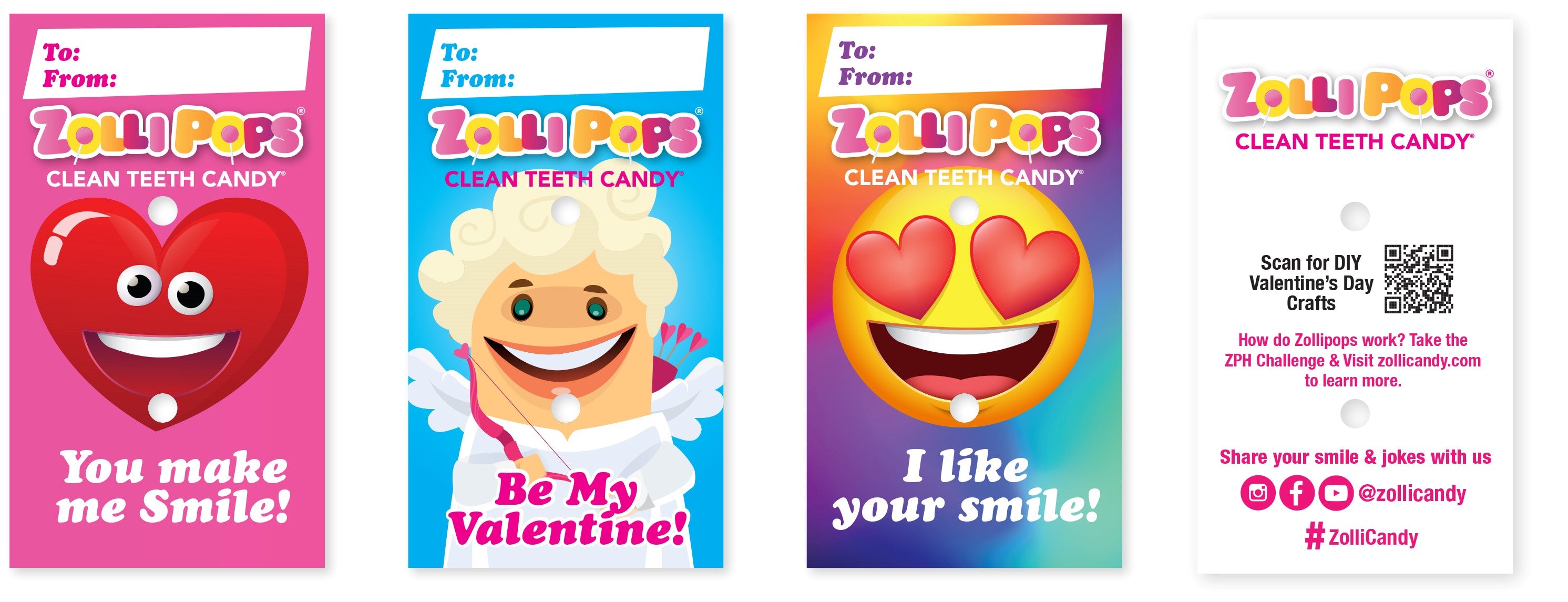Valentine Pink Zollipops Assorted Fruit 5.2oz Pouch with 22 Zolli Grams Inside