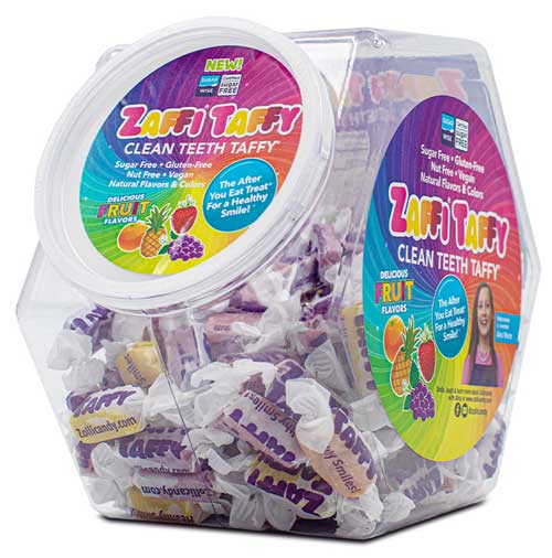 Zaffy Taffy 32oz hex-shaped jars in fruit assortment of flavors.