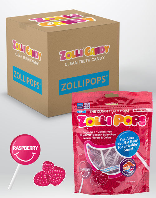 Zollipops 24 count bulk case of 3.1oz bags in Raspberry flavor.